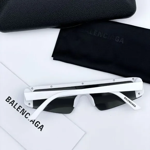 NEW Balenciaga BB0003S 002 White Silver Grey Mirrored Unisex Sunglasses